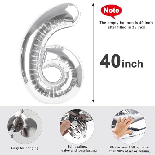 Image of 6 Balloon Numbers Birthday Decorations, 40In Silver Balloons for Men Women | Eye-catching Appearance, Perfect Decorative Centerpieces, Convenient Self-sealing Structure, Widely for Various Occasions