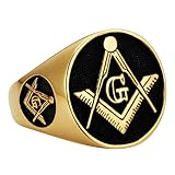 MasonicMan Mens Masonic Square and Compass Triple Sided Stainless Steel Ring Gift Pouch Gold Style Size 14