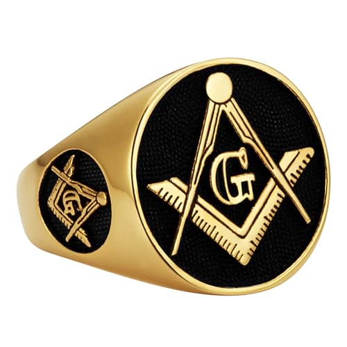 MasonicMan Mens Masonic Square and Compass Triple Sided Stainless Steel Ring Gift Pouch Gold Style