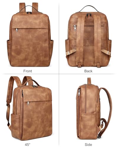 MASINTOR 15.6 inch PU Leather Laptop Backpack Purse for Women, Large College Casual Backpack Travel Bag Mocha Brown4