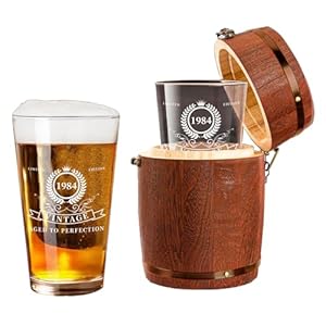 1984 40th Birthday Gifts for Men Women, Birthday Beer Glasses in Mini Wine Barrel, Unique Fun 40 Year Old Birthday Beer Pint Glass Gifts for Father/Mother/Husband/Friend, 16oz