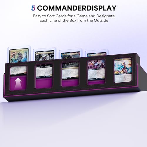 Image of UAONO Trading Card Storage Box with Commander Display;3900+ Card Box for MTG, Removable Cover; 5 Row Case fits MTG TCG Sports Cards 48 Dividers,5 Stoppers,5 Top Loaders,1 Dice Box(Black, Purple)