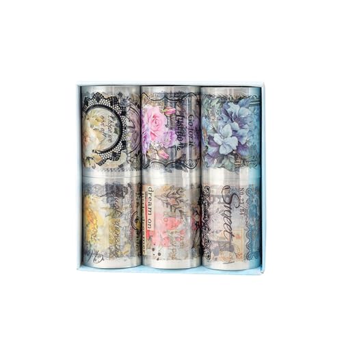 YOUQIWJ Nostalgic Flowers PET Vintage Floral Washi Tape Set 6 Rolls Wide Decorative Craft Tape for Journaling Supplies Scrapbooking Bullet Journal Junk Journal DIY Crafts and Gift Wrapping