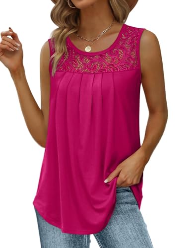 Image of Saloogoe Summer Tank Tops for Women Loose Fit Pleated Tunics Scoop Neck Sleeveless Lace Tops Curved Hem Flowy