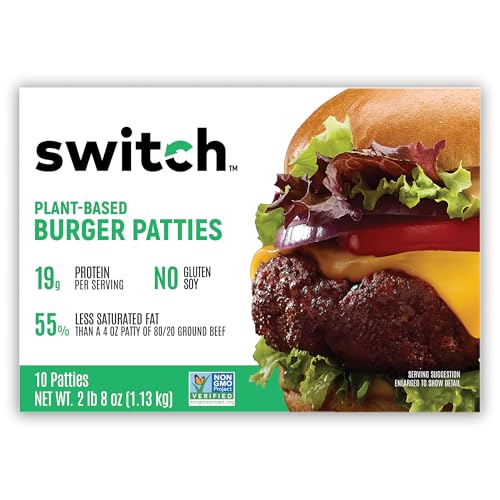 Switch Foods Plant-Based Burger Patties | High-Protein | Soy, Gluten, GMO, Dairy & Allergen Free | 19g Protein | Halal & Kosher | 10 Patties | 40 Oz