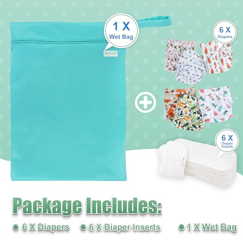Image of wegreeco Cloth Diapers 6 Pack with 6 Inserts & 1 Wet Bag, Washable Cloth Diapers for Babies, One Size Adjustable Reusable (Fruits, Animals)