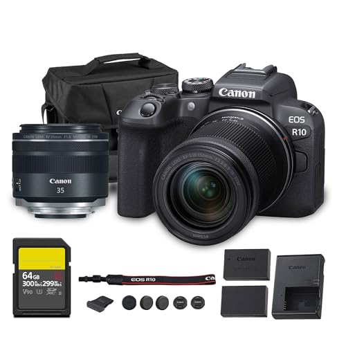 Image of Canon EOS R10 Mirrorless Camera Kit | 24.2MP APS-C Sensor with RF-S 18-150mm Lens | 4K Video Dual Pixel AF Compact Travel Photography (5331C016) + Canon RF 35mm Lens + 64GB Card + LP-E17 Battery + Bag
