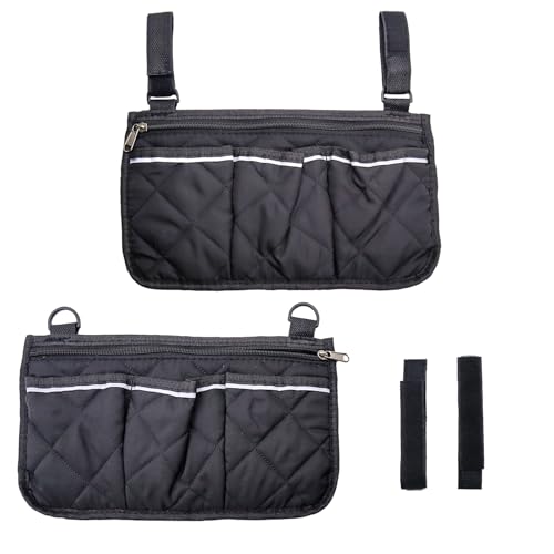INNAL 2 Stück Rollstuhltasche für Armlehne Rollstuhltasche Seitlich Tragbare Rollstuhl Armlehnentasche mit Reflektierendem Streifen für Die Meisten Rollstühle Gehhilfen Rollatoren (Schwarz)