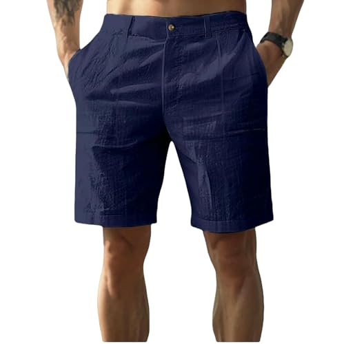 ZBJZUIMEI Pantalones Cortos Hombre Menores De Lino para Hombres Playa Algodón Verano Clásicos con Botones Cintura Elástica-Azul Oscuro-Metro