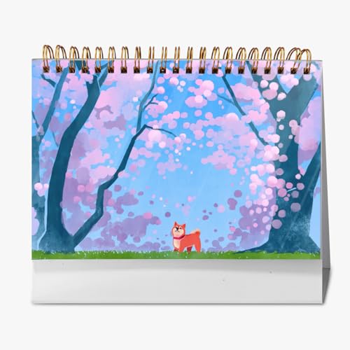2026年 卓上カレンダー 柴犬と桜 月間カレンダー ページめくり 新日本カレンダー 実用性 文房具 360°書き込み 小型 デスクトップ おしゃれ 計画整理 プレゼント 2025年9月?2026年12月