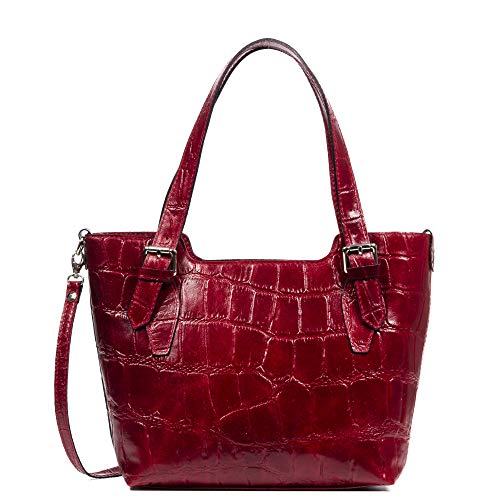 Firenze Artegiani. Arezzo Bolso tote Mujer.Piel auténtica Gamuza Grabado Cocodrilo Grande Camoscio 37x10x25 cm. Color: Rojo Oscuro