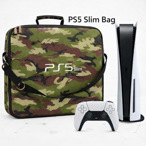 Image of TMG Storage Bag for PS-5(Slim), Carrying Case Portable Waterproof Shockproof Nylon Fabric Bag Fits for PS-5 (Slim) Travel Bag (Camo)