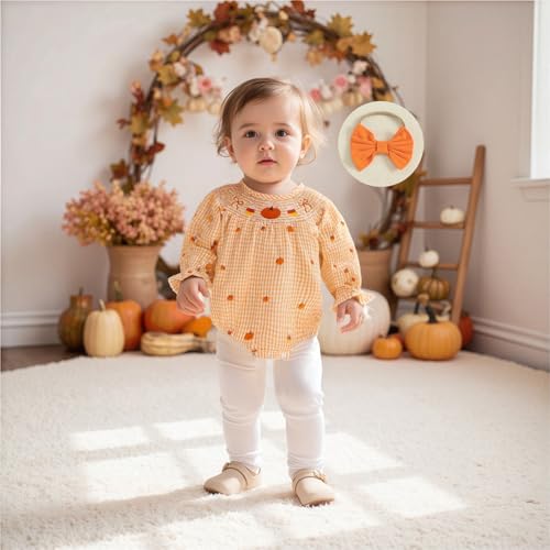 Newborn Infant Baby Girl Halloween Outfit Clothes Smocked Pumpkin Ghost Embroidery Romper Plaid Bubble Bodysuit4