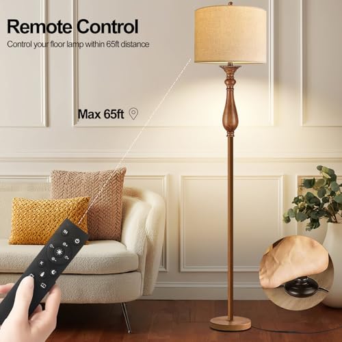 Image of Wood Floor Lamps for Living Room Farmhouse Boho Floor Lamp with Remote Control & 3 Color Temperature,Dimmable Vintage Floor Lamp Mid Century Modern Standing Lamp Pole Tall Floor Lamp Bedroom Corner