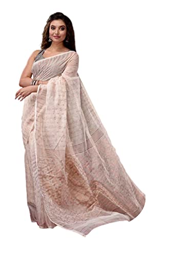 Sari Dhakai Jamdani de algodón indio blanco de 5.5 m sin blusa para mujer