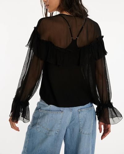 Image of Sexy Black Ruffle Shirt Flowy Lace Long Sleeve Front Tie Chiffon Top Boho Embroidered Peasant Blouse Summer Bow Tie Front Peplum Tops for Women
