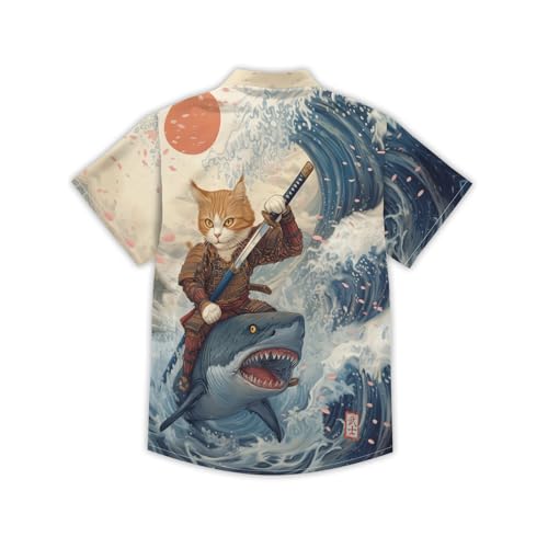 Evipop Vintage Samurai Cat Shark Japanese Ukiyo-e Hawaiian Shirt for Men Beach Vacation Casual Short Sleeve Button Down Aloha Creative Shirt - Image 5