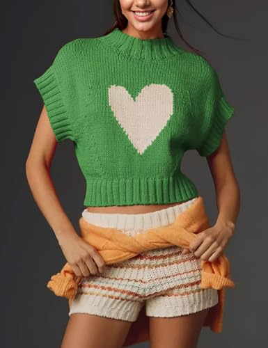 Women Cap Sleeve Sweater Vest Cute Heart Print Mock Neck Sweaters Knitted Pullover Tank Tops Valentine's Day4