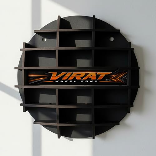 Image of Diecast Car Display Shelf with Custom Name Print | 14-16 Slot Wall Mounted MDF Wooden Rack for 1:64 Scale Cars | Circular Toy Car Organizer & Kids Room Garage Decor