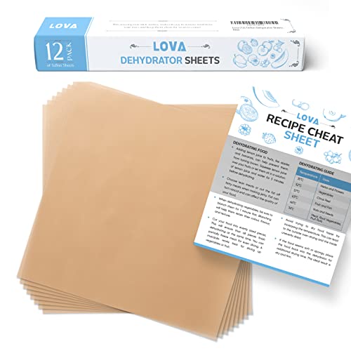 (12 Pack) Lova Teflon Dehydrator Sheets - Free Recipe Sheet -Jerky, Fruit - Food Dehydrator Mat for Dehydrators like Excalibur, Cosori, Magic Mill, Chefman, Presto, Sahara, Excaliber, Dehydrator Traysâ€¦