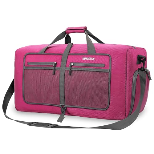 Bekahizar Leichte Faltbare Reisetasche 60L Große Travel Duffle Bag Übernachtung Taschen Verpackbar Reisegepäck Gym Sporttasche Mit Schuhfach für Herren Damen Flugzeug Camping Reisen Urlaub (rosa)