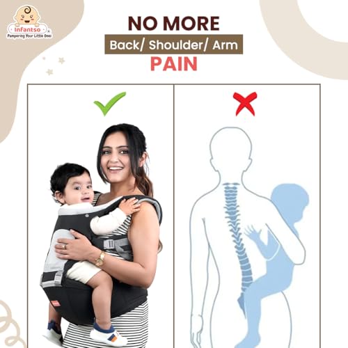 Image of Infantso Premium Hip Seat Baby Carrier with 6 Adjustable Carry Positions, Carrier for 0 to 3 years Baby with Hip Seat, Kangaroo Style Bag, Baby carrying Bag for Newborn to Toddler, Weight upto 15kgs (Black Grey)