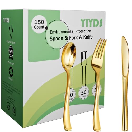 150 Pcs Couvert Doré en Plastique, Set Couverts de dorés Plastique Fête Réutilisables,BPA-Freie,Couteaux,fourchettes et cuillères 50 chacun, pour Fête Réunion de Famille, Repas de Noces