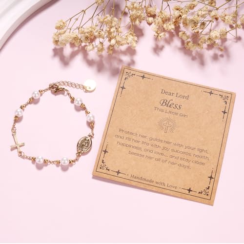 Image of Catholic Cross Bracelet for Girls Charm Bracelet Jewelry Gift for Women First Communion Baptism Confirmation Gifts for Girls Stainless Steel Imitation Pearl Rosary Bracelet (Gold)