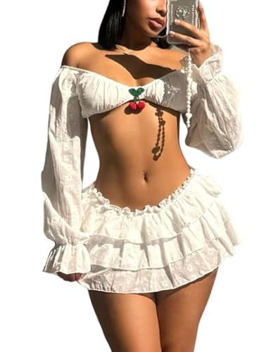 Women Two Piece Outfits Y2K Going Out Cherry Off Shoulder Crop Tops Low Rise Ruffle Layer Pleated Mini Skort Skirt Sets