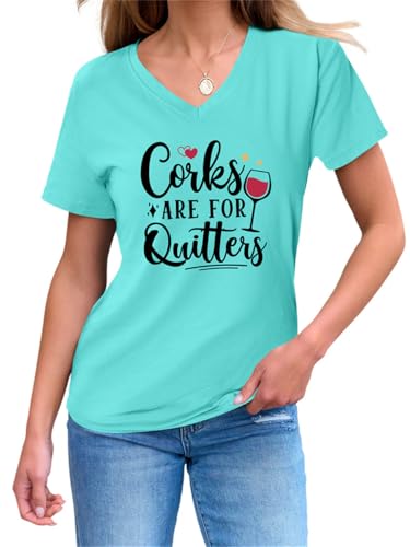 Corks are for Quitters Shirt Womens Funny Wine Lover V-Neck T-Shirt Short Sleeve Wine Drinking Sarcasm Saying Tops2