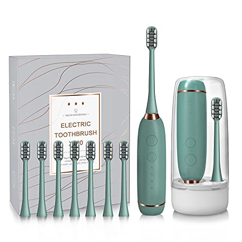 Electric Toothbrushes for Adults and Kids with 8 Replacement Brush Heads, Rechargeable Ultrasonic Whitening Toothbrush, 4 Modes and 3 Intensity Levels. Power Sonic Toothbrush Smart Timer (Green).