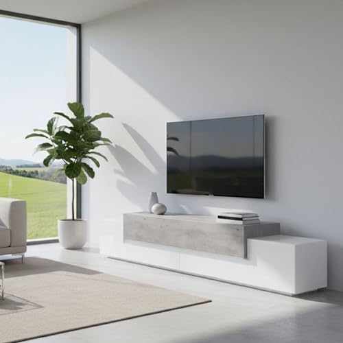 Dmora - Meuble TV Nico, Buffet bas de salon, Base pour meuble TV, 100% Made in Italy, 240x45h52 cm, Blanc brillant et béton