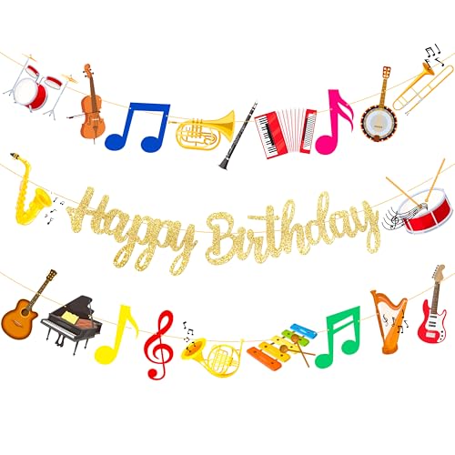 Gold Happy Birthday Banners - Musical Instrument Theme Hanging Decoration