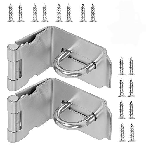 2 PCS 4 Inch 90 Degree Padlock Hasp, KINJOEK Stainless Steel Security Door Clasp Hasp Lock Latch, 2mm Extra Thick Door Gate Bolt Lock with 16 Mounting Screws