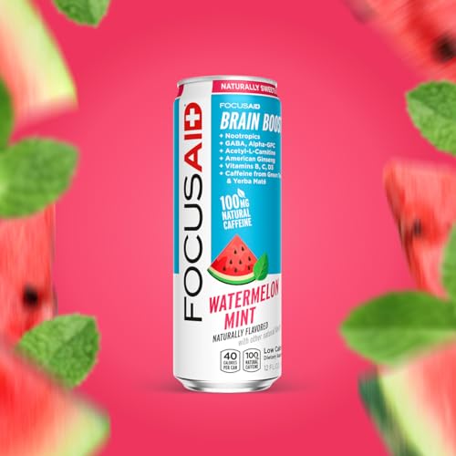 Image of FOCUSAID Energy, Brain Boost Drink, Watermelon Mint, Nootropics, Alpha-GPC, GABA, B-Complex, 100mg Caffeine, Yerba Mate, Green Tea, 100% Clean, No Artificial Sweeteners, 12-oz. cans (Pack of 24)