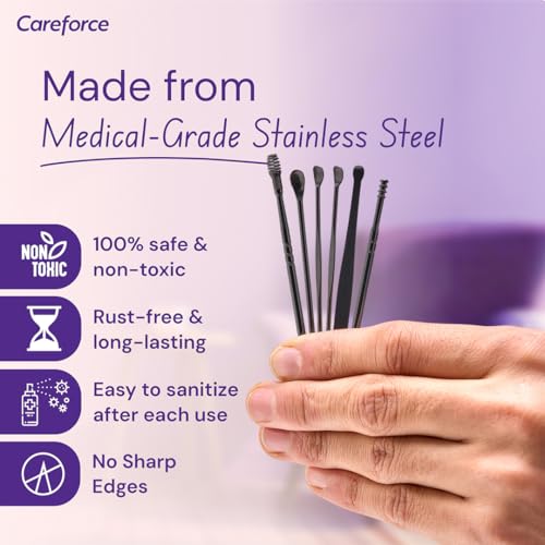 Image of Careforce - The Force Behind Your Health Ear Cleaning Kit Steel & Reusable With Storage Pack Tool Kit With Ear Curette Cleaner And Spring Ear Buds Cleaner 6 Pcs Set Black