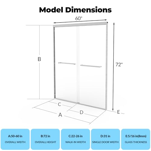 Image of Frameless Sliding Shower Door, Adjustable Width (56-60 inch W) x 72 inch H, Dual 8mm (5 /16 inch) Tempered Glass Panels, Brushed Nickel Stainless Steel Handle & Square Track, Easy-Clean Bypass Design