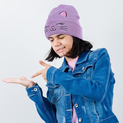 Kids Girls Cat Embroidery Beanies Winter Warm Knitted Hats Skull Cap for Ages 7-12 Years3