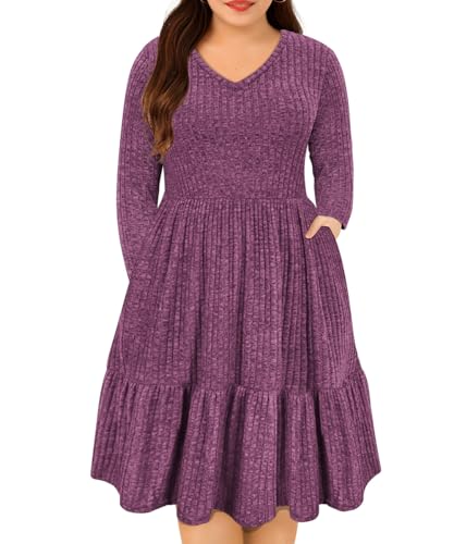 RITERA Plus Size Sweater Dress Long Sleeve V Neck Fall