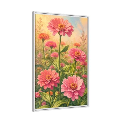 Toile de fleurs zinnia rose cadre blanc pour combler le vide au-dessus du mobilier
