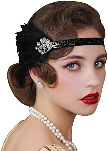 SWEETV 1920s Flapper Headband, Feather Great Gatsby Headpiece, Roaring 20s Vintage Hair Accessories, Black