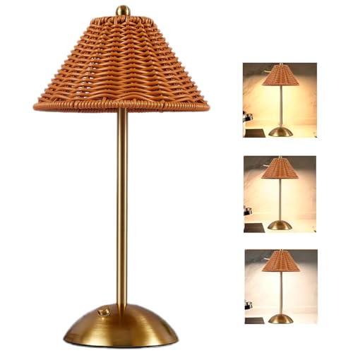 Boho - Lámpara de mesa de ratán inalámbrica, mimbre recargable, bambú regulable, control táctil, luz nocturna para recámara, sala de estar