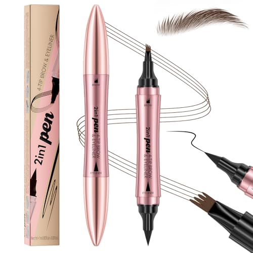 2 en 1 Lápiz Microblading Cejas, Delineador Ojos Doble Punta con Aplicador 4 Puntas Horquilla y Punta Pincel Precisa para Cejas Naturales, Marrón Oscuro