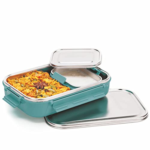 Signoraware All Steel Big Stainless Steel Lunch Box with Steel Lid (with Insulation Puffing Keep Food Warm for Long) (1000 ml, 240 ml, E Blue) -Set of 2