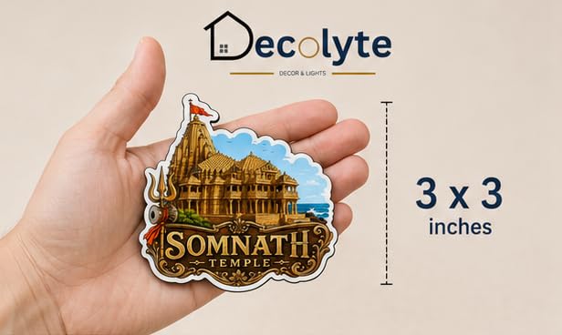 Image of Somnath Temple Theme Wooden Fridge Magnet Souvenir | 3x3 in Kitchen Home Decor Gift