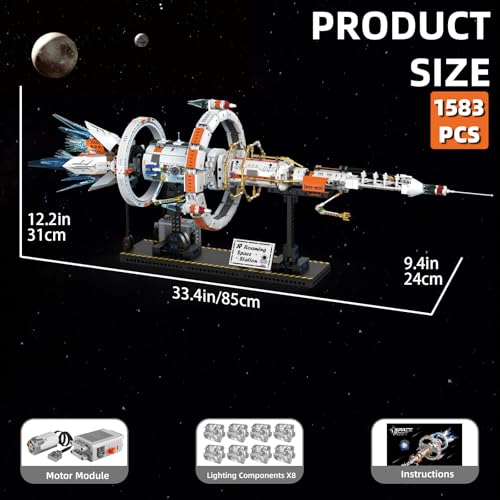 Image of Space Station Spaceship Building Block Set with LED Lights, Exploration Station Model Building Kits with Display Stand, STEM Engineering Gift for Kids, Adults & Space Fans (1583 PCS)