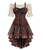 Jutrisujo Steampunk Corset Dress Bustier Top Skirt with Tutu 3 Pcs Plus Size Vintage Lace up Gothic Costume Halloween Brown M