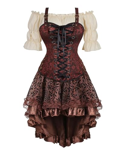 Jutrisujo Steampunk Corset Dress Bustier Top Skirt with Tutu 3 Pcs Plus Size Vintage Lace up Gothic Costume Halloween Brown 5XL