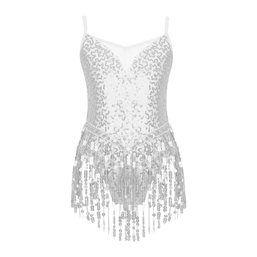 WWPMNQD Ropa de Baile Latino Lentejuelas Vestido de Baile Latino for niñas Rhinestone Malla Borla Moderno Baile de salón Traje niños Ballet Jazz Leotardos Vestidos(Silver A,8)