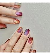 Square Press on Nails Short Cat Eye Fake Nails Colorful Acrylic False Nails with Designs Rainbow ...
